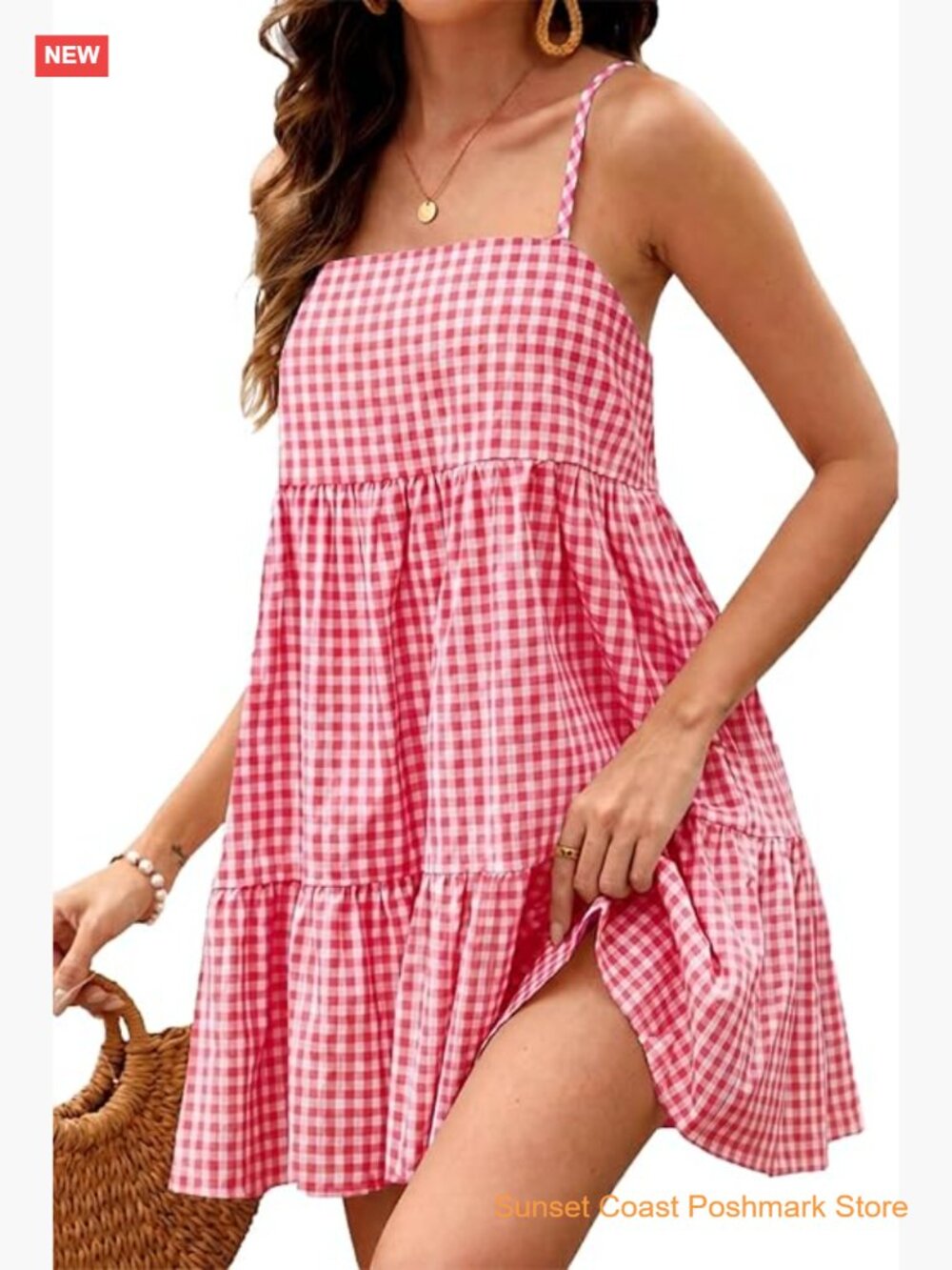 Gingham Mini Dress Spaghetti Strap A-Line Sleeveless Sundress with Pockets